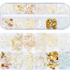 Detailed grid view of thin iridescent natural shell flakes for nail art decorations