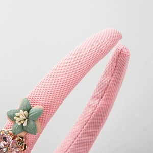 Baroque pink fabric headband with rhinestone flowers and green rose detail for women