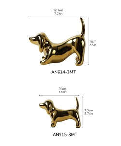 Size specifications of gold ceramic dachshund dog statues in large and small versions