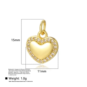 Detail view of 11x15mm heart pendant with cubic zirconia inlay and 18k gold plating