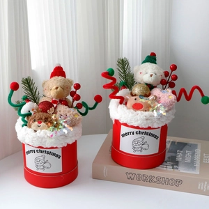 Christmas plush toy bouquet in red cylindrical gift box with teddy bear and reindeer décor