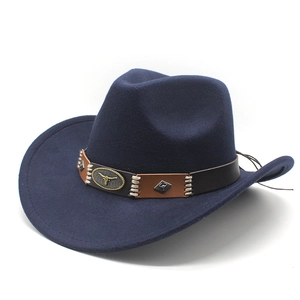 Navy blue wool western cowboy hat featuring wide brim and metal bull head emblem