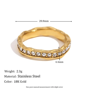 18K gold plated stainless steel wave ring with full zircon stones and dimensions