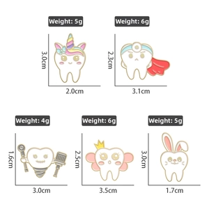 Detailed size and weight specs for five cute dental enamel pins with cartoon tooth motifs