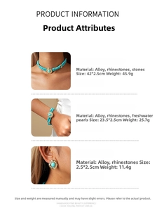 Detailed size chart for baroque turquoise beaded necklace with pearls and rhinestones