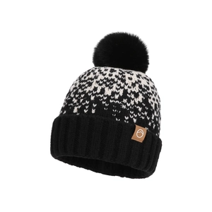 Winter knit pom-pom beanie with black and white jacquard pattern and leather patch