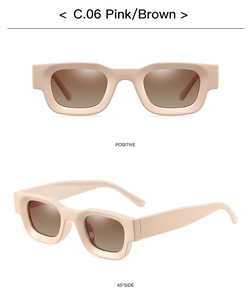 Detail view of pink-brown square thick frame sunglasses with gradient lenses