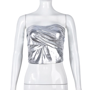 Women's sexy silver metallic reflective tube top with pleated slim fit cropped design