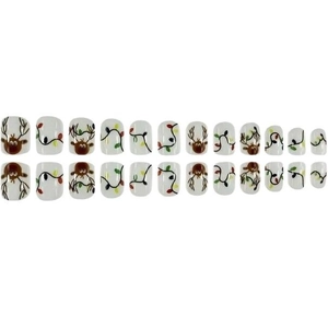 Christmas press-on nails set with 24 short square tips featuring reindeer and festive lights