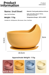 Detailed specs of snail-shaped silicone baby suction bowl with dimensions and material