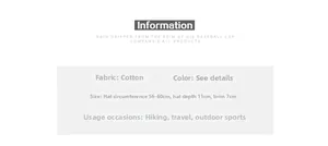 Detailed size chart for cotton baseball cap showing 56-60cm circumference and dimensions