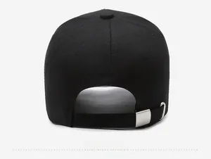 Detail of black cotton baseball cap back showing adjustable silver metal buckle strap