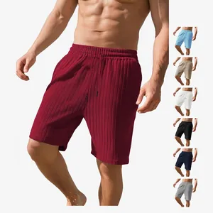 Men Casual Shorts Pleated Vertical Texture Elastic Drawstring Waist Summer Beach Fashion Solid Color Polyester Pockets