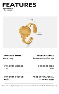 Detail view of adjustable gold stainless steel ring with grid texture and size parameters