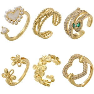 Heart Artificial Pearl Daisy Snake Open Adjustable Rings Vintage Zircon Brass Fashion Jewelry For Women Elegant