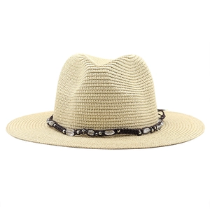 Straw fedora sun hat for outdoor beach trips with beaded dark brown decorative band