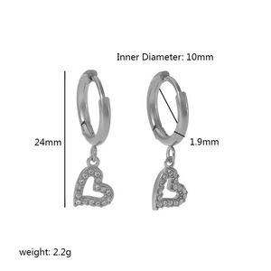Detailed size chart for stainless steel heart hoop earrings with zircon stones and dimensions