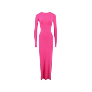 Elegantes rosa langärmliges rückenfreies Maxikleid mit schmaler Silhouette und Rundhals
