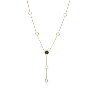 Chic gold titanium steel Y-necklace with Roman numeral rings and black enamel pendant