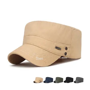 Men Cotton Cadet Cap Adjustable Military Style Flat Top Hat Breathable Outdoor Sun Protection Sport Embroidery Metal Decor