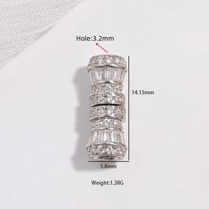 S925 sterling silver cylinder bead with cubic zirconia and dimension labels