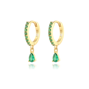 Detailed macro view of S925 sterling silver hoop earrings with green pear-cut gemstones