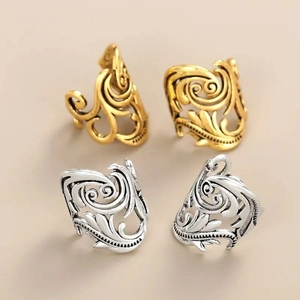Set of four vintage leaf pattern open ear cuffs in antique gold and silver finish