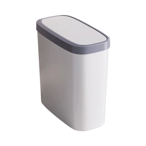 Slim white rectangular trash can with grey push lid for bathroom or kitchen