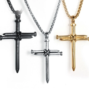 Punk style cross pendant necklaces made of nails in black, silver and gold finishes