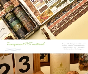 Detail showing vintage landscape washi tape rolls and transparent PET material stickers