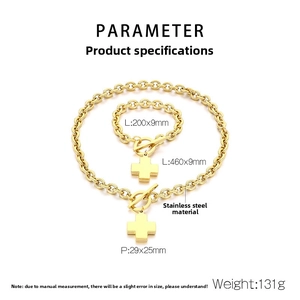 Detailed size parameters of gold stainless steel cross pendant necklace and bracelet set