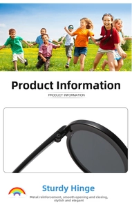 Close-up of reinforced metal hinges on round PC frame kids sunglasses for durability