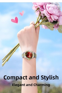 Detail of ORUSS quartz watch with red sunray dial and gold-silver steel bracelet