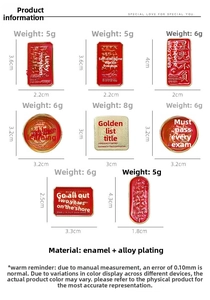 Detailed view of red and gold enamel student badges with specific size and weight specs