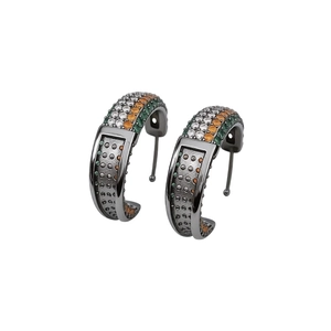 Vintage C-shaped earrings with colorful zirconia inlay and embossed dot details on dark metal