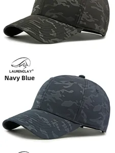 Detalle de los patrones de camuflaje azul marino y gris oscuro en gorras de béisbol