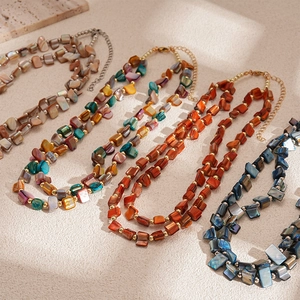 Bohemian double-layer shell beaded necklace with irregular stones and gold beads accents