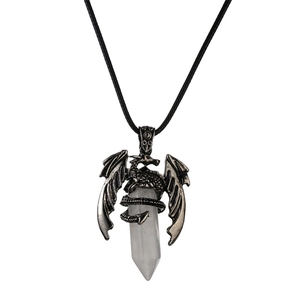 Vintage silver dragon pendant wrapping a clear hexagonal crystal pillar necklace