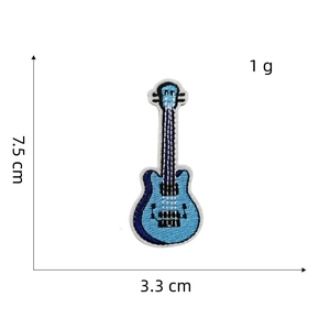 Blue guitar embroidered iron-on patch with size markers 7.5 cm height and 3.3 cm width