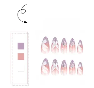 Detail of purple cat eye gradient press-on nails with 3D floral accents and pearls