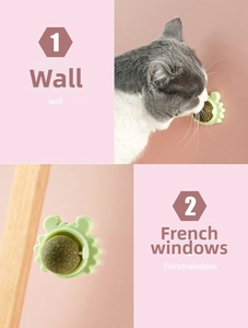 Adhesive crab-shaped catnip ball showing wall and French window mounting scenes