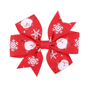 Red Christmas hair bow clip with Santa Claus and snowflake prints for girls