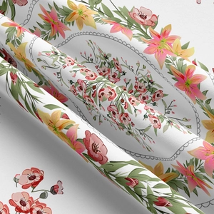 Macro detail of the floral tapestry fabric with lily prints and lace patterns