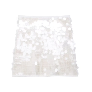 Detailed view of white sequined mini skirt featuring intricate sequin stitching and hem details