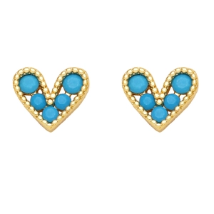 Mini heart stud earrings in gold with turquoise stones and beaded texture