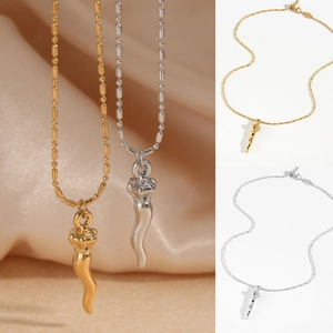 Stainless Steel Italian Horn Pendant Necklace With Crown Decor Adjustable Bead Chain For Women Lucky Charm