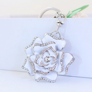 Sparkling rhinestone rose flower keychain with silver metal ring for women handbags