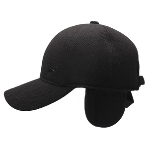 Winter wool blend baseball cap for men with ear flaps and metal logo in black