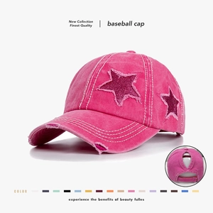 Washed Cotton Baseball Cap With Sequin Star Ponytail Hole Distressed Vintage Adjustable Casual Sun Hat For Women