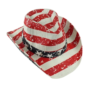 Detail of western straw hat with American flag stars and stripes pattern and star studs